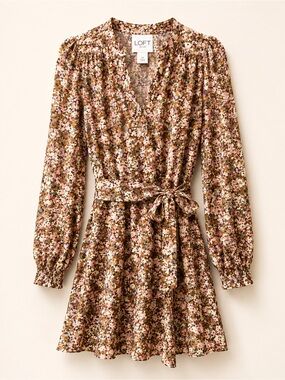 LOFT Pink and Brown Floral Wrap Mini Dress